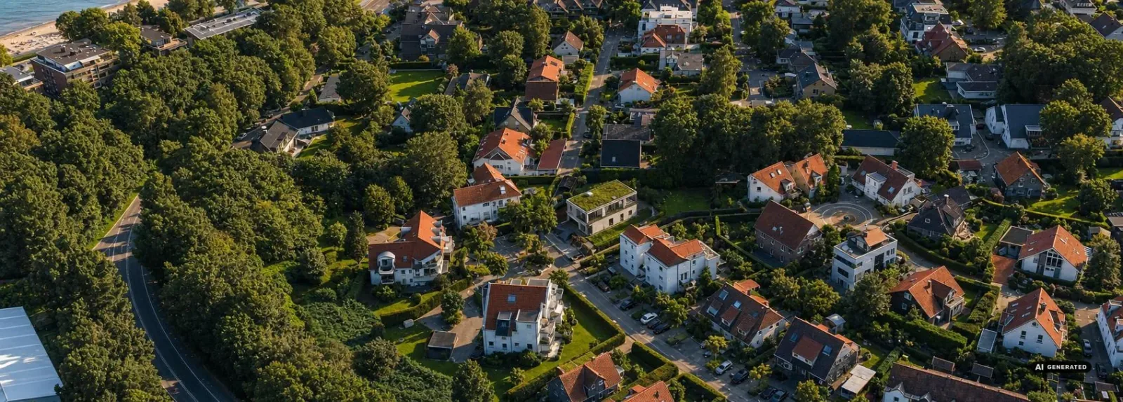 Das fertige KI-Rendering derselben Ansicht in Abendlicht, mit unverändertem Standortkontext.